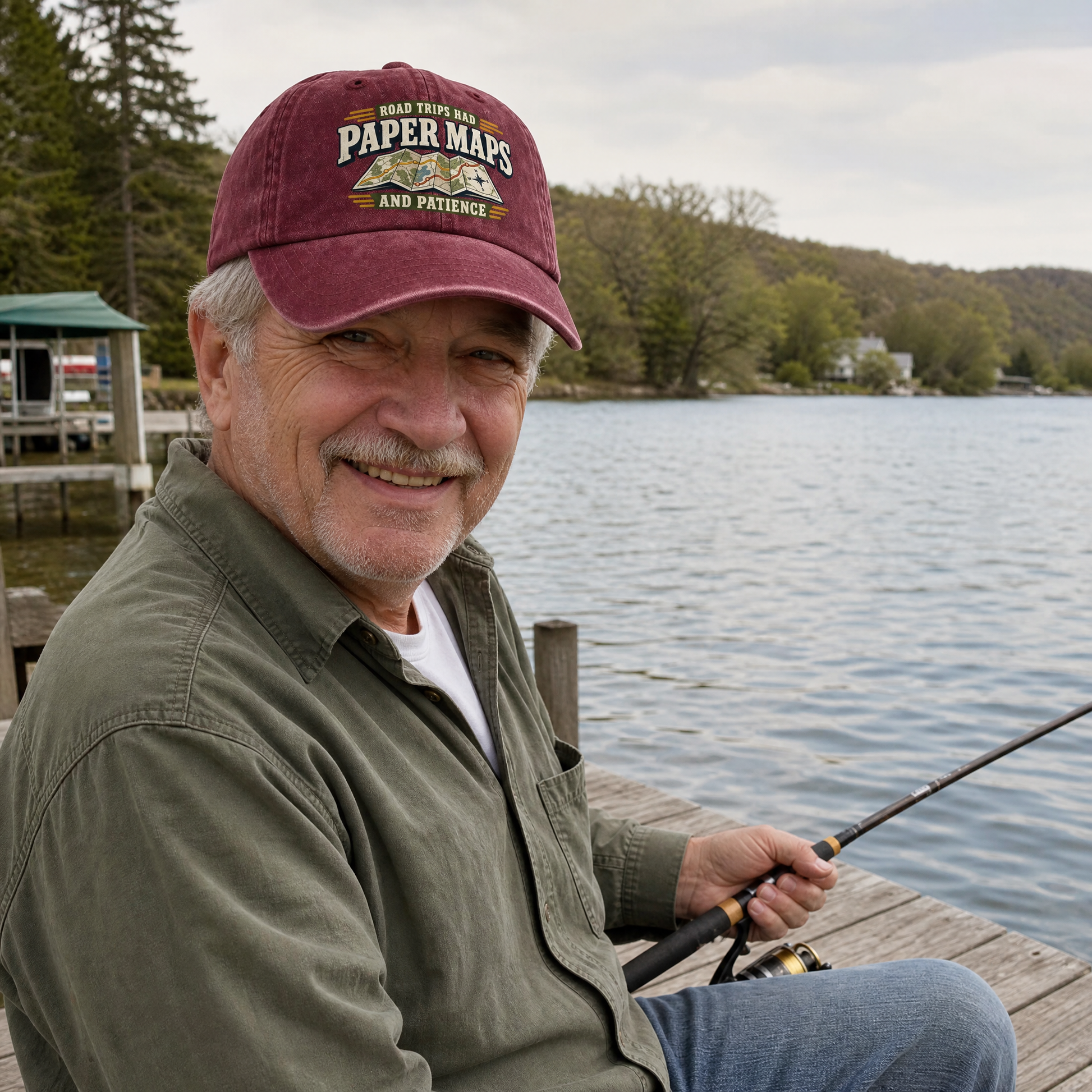 Senior man wearing burgundy vintage washed cap printed with “Road Trips Had Paper Maps And Patience”