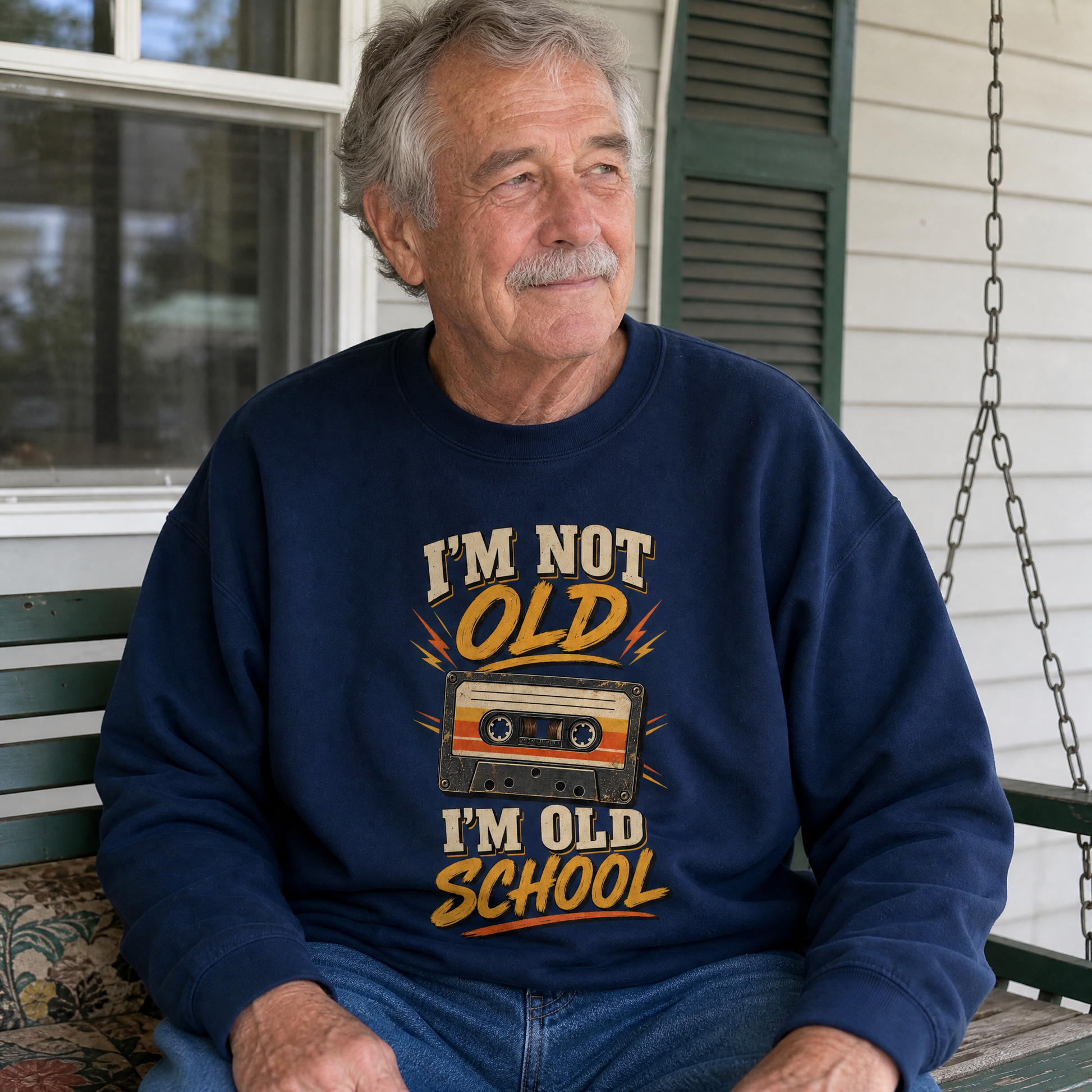 Vintage sweatshirt with printed “41 I’m Old School” slogan, shown in a lifestyle setting