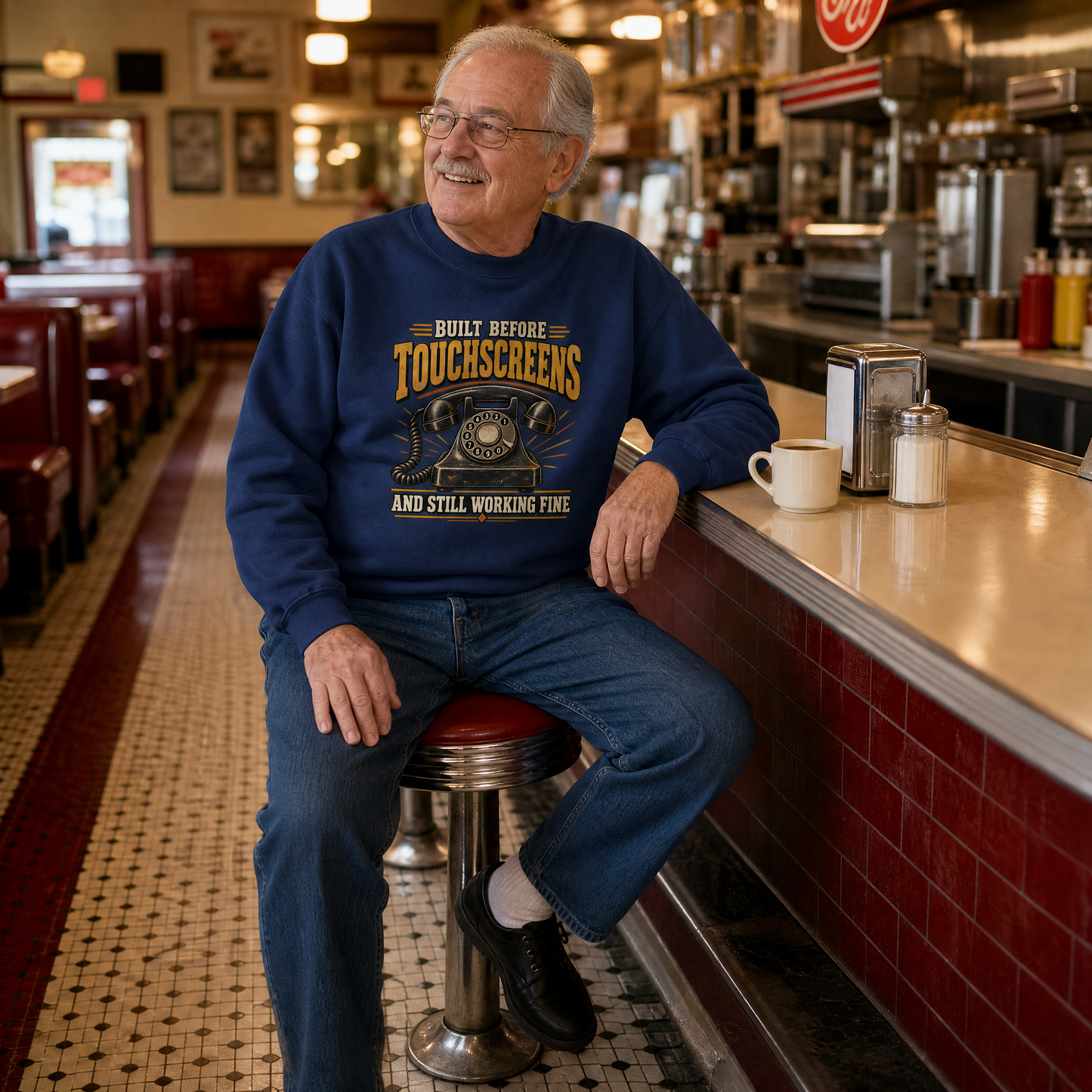 Navy vintage sweatshirt with printed slogan worn by senior man in diner.
