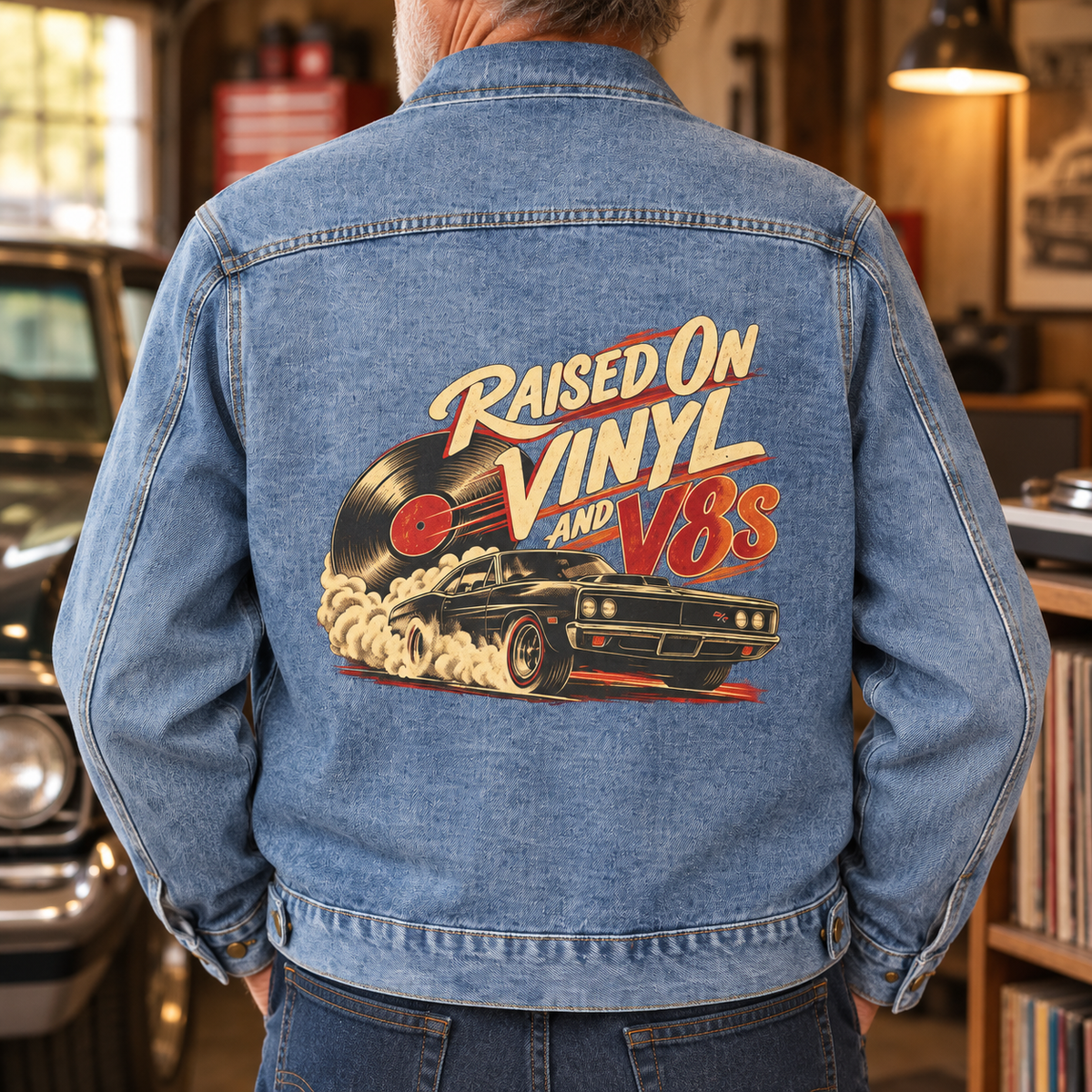 Back view of man in a garage wearing denim jacket with Raised on Vinyl and V8s print