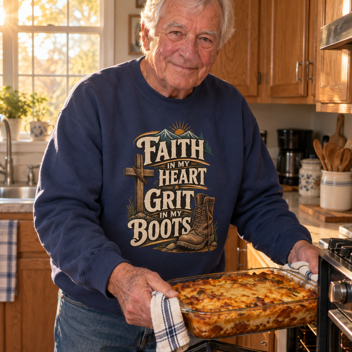 Senior man wears navy vintage sweatshirt printed Faith In My Heart Grit In My Boots
