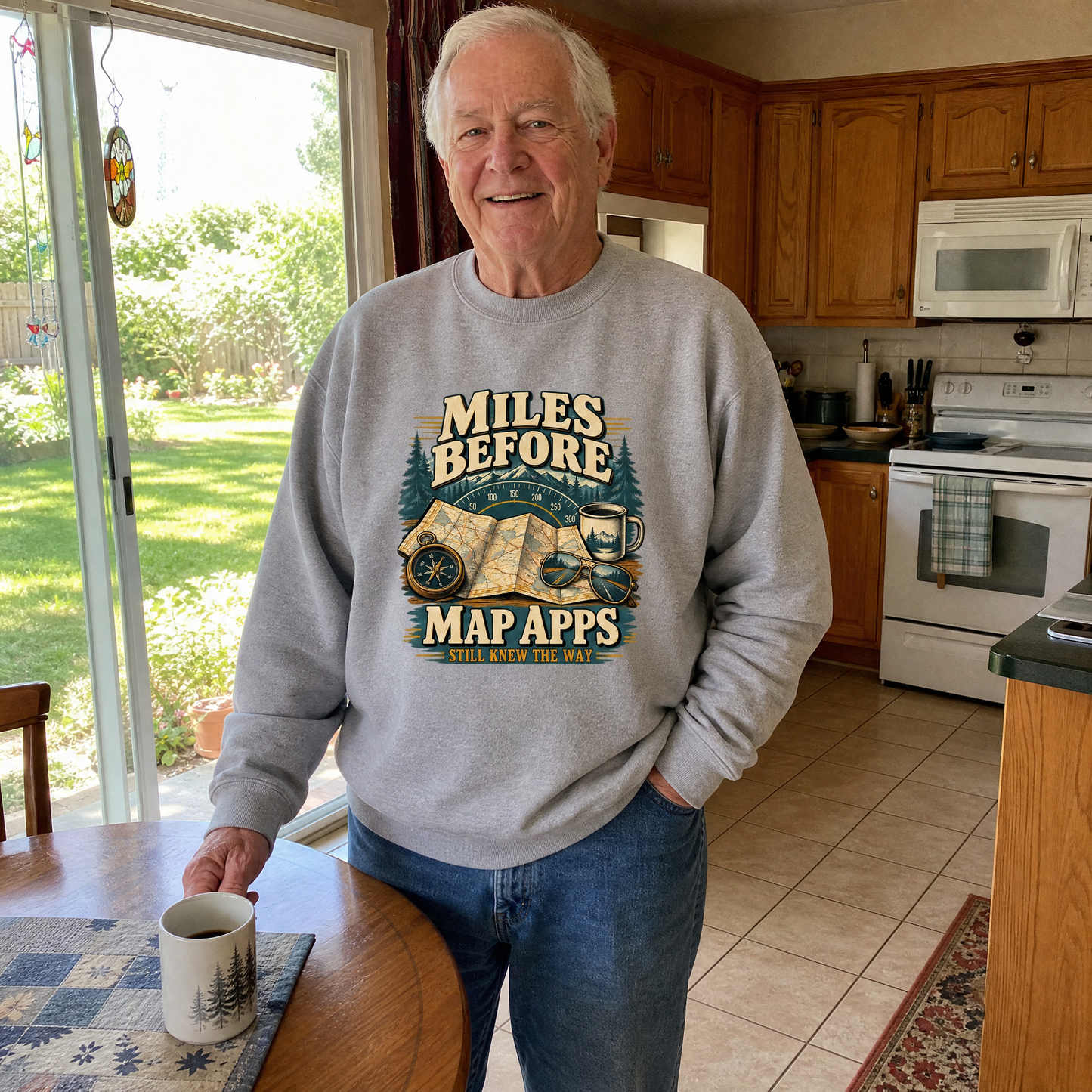 Senior man wearing gray vintage sweatshirt with printed Miles Before Map Apps design