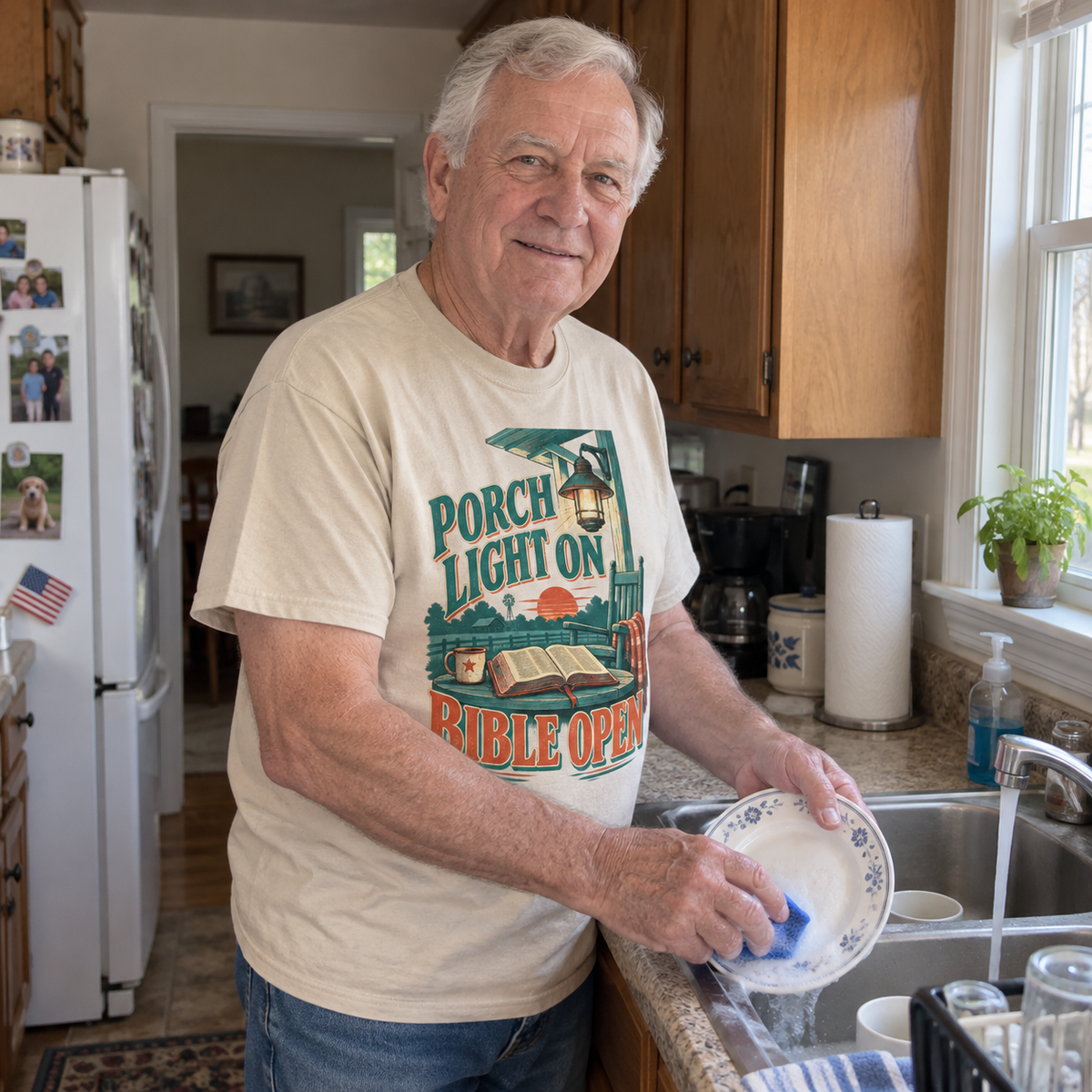 Senior man washing dishes wearing cream vintage t-shirt printed Porch Light On Bible Open