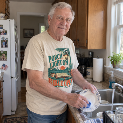 Senior man washing dishes wearing cream vintage t-shirt printed Porch Light On Bible Open
