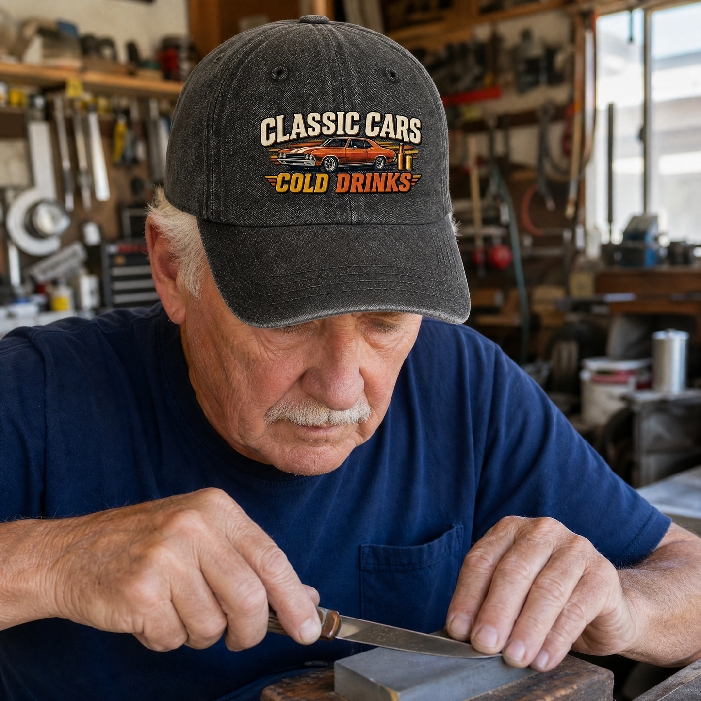 Black vintage washed cap with printed Classic Cars Cold Drinks design on senior man
