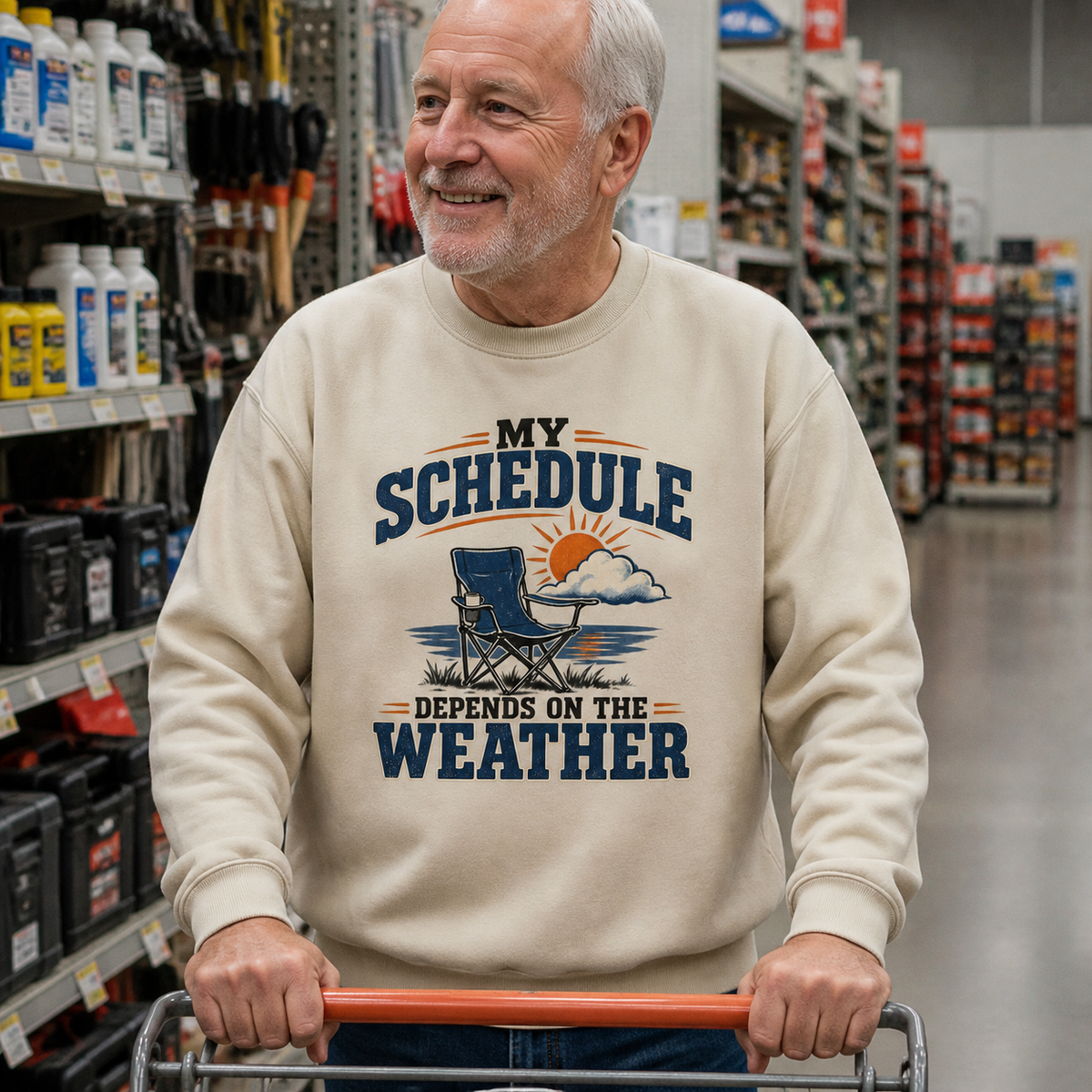 Senior man wearing cream vintage sweatshirt with printed weather slogan in store