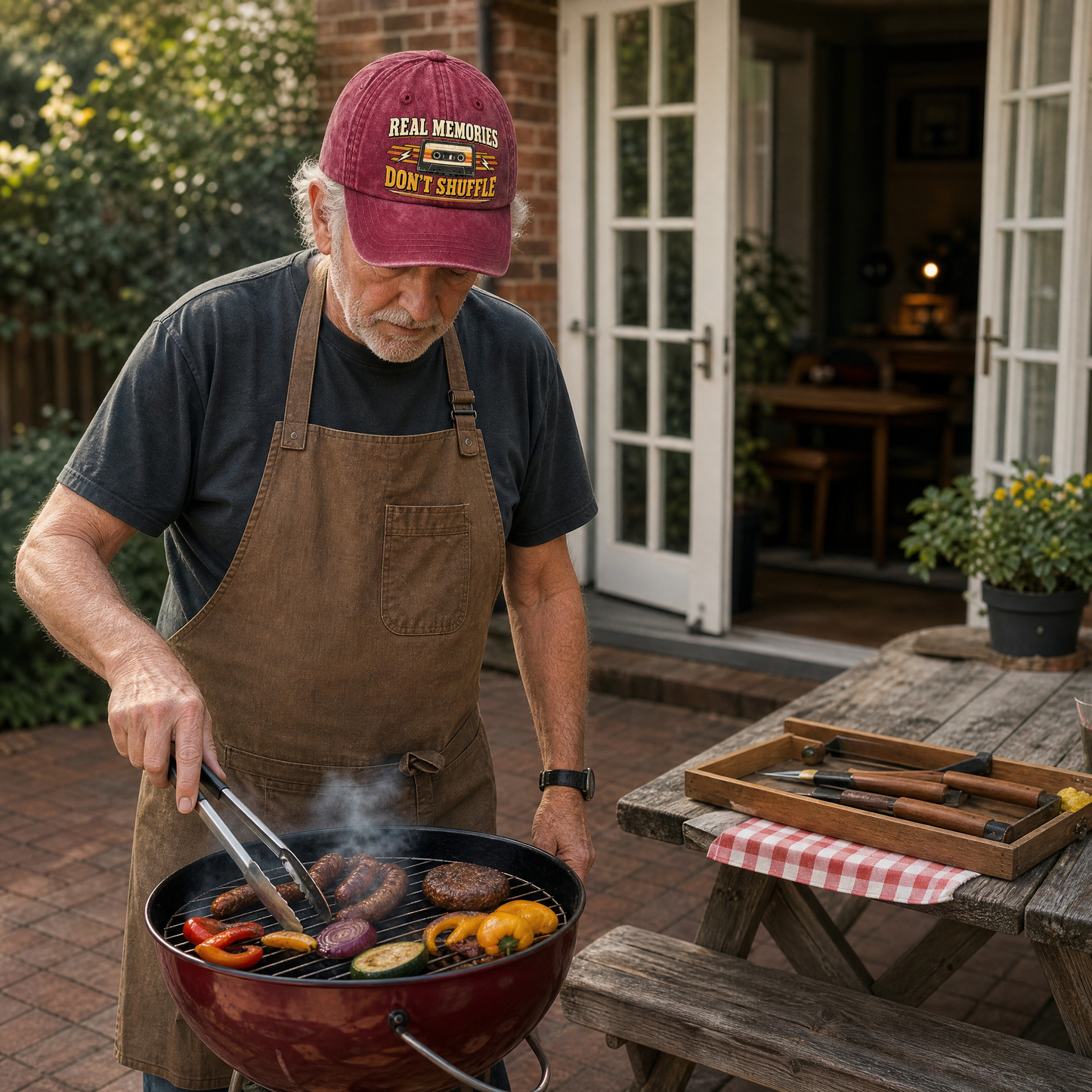 Burgundy vintage washed cap with printed “Real Memories Don’t Shuffle” design, worn by senior man.