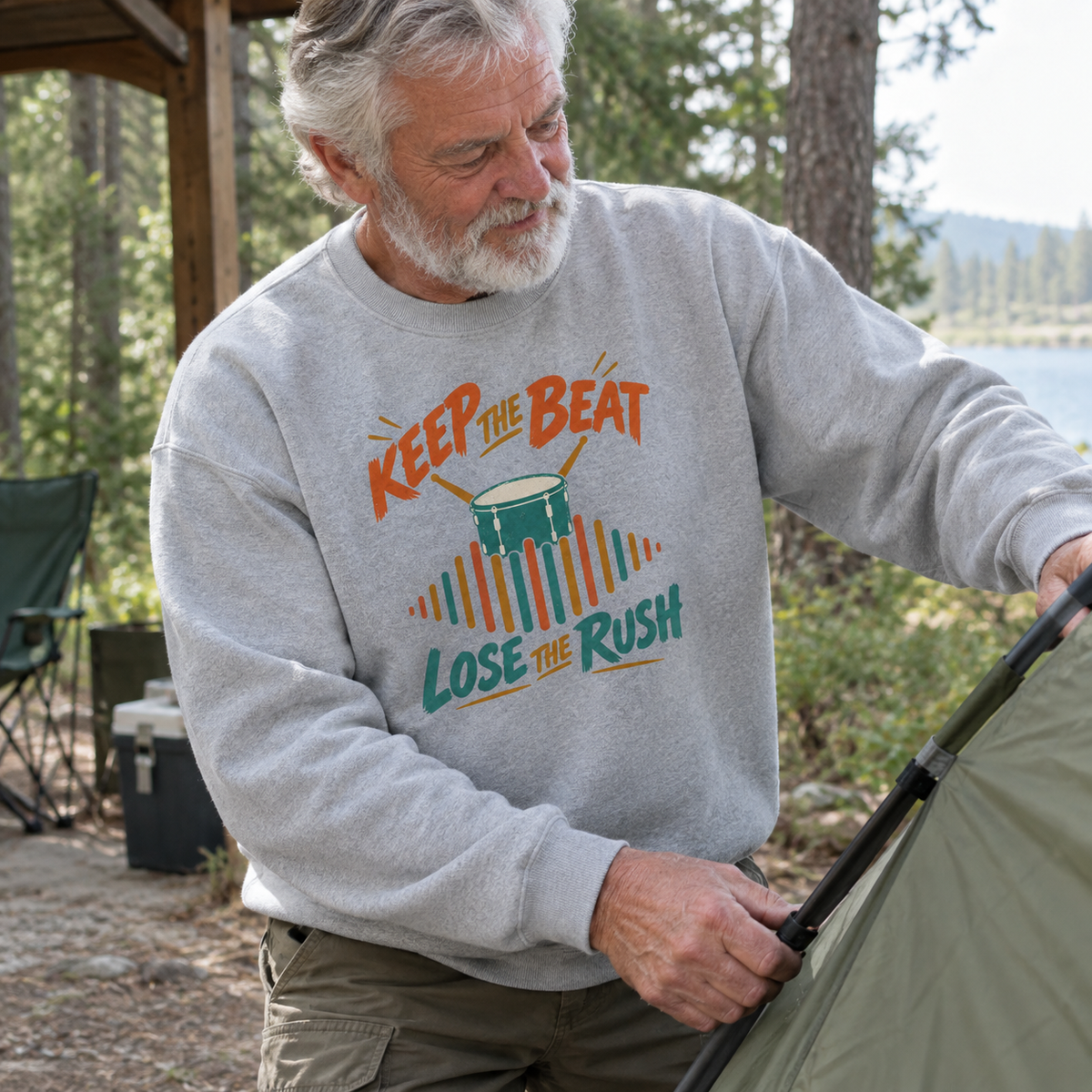 Gray vintage sweatshirt featuring printed Keep The Beat Lose The Rush design, worn by senior outdoors.