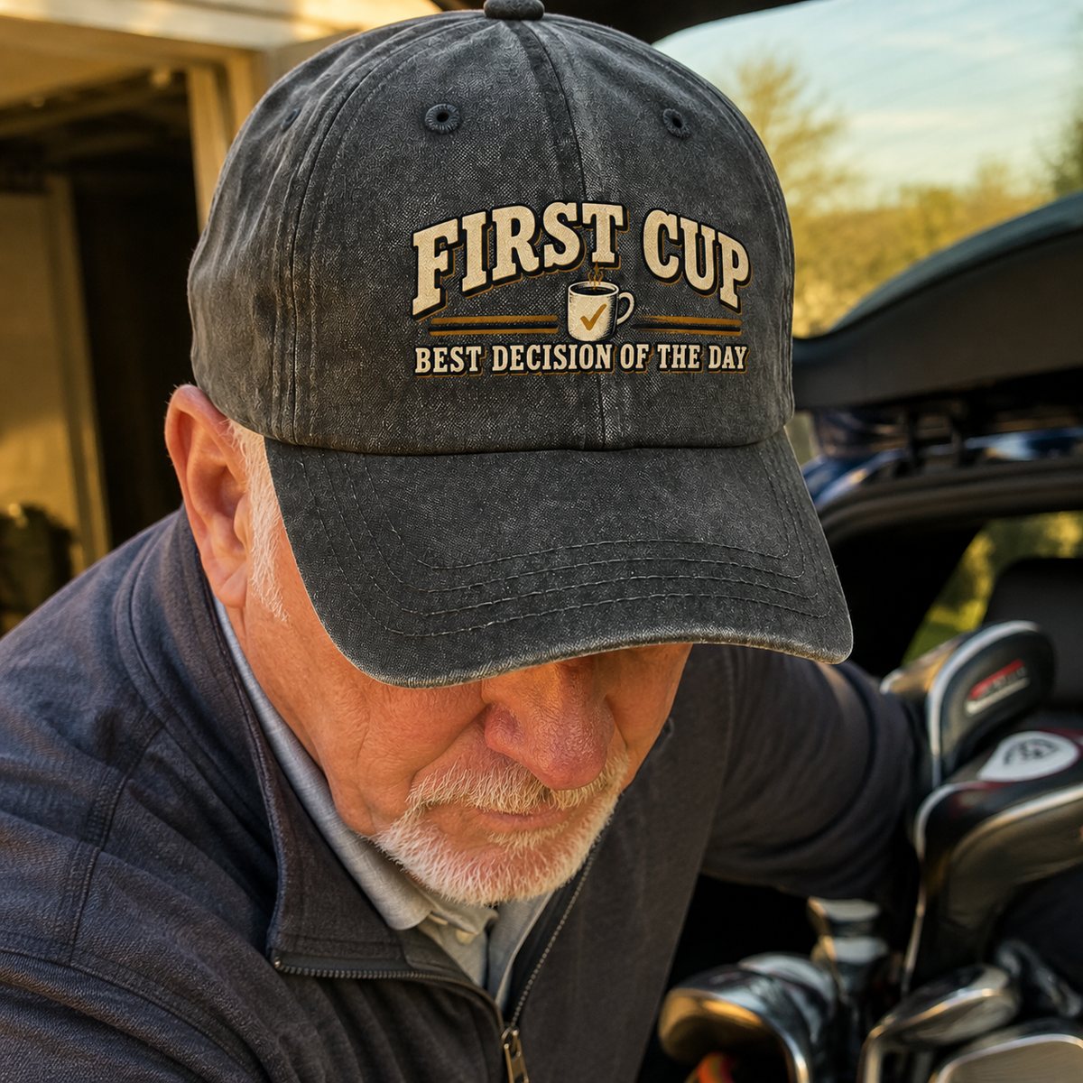 Senior man wearing vintage washed cap with printed First Cup Best Decision Of The Day