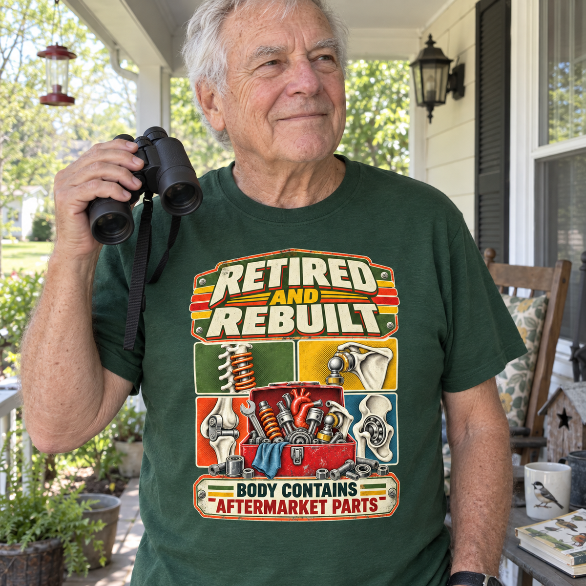 Senior man with binoculars wears green vintage t-shirt with printed Retired and Rebuilt design.