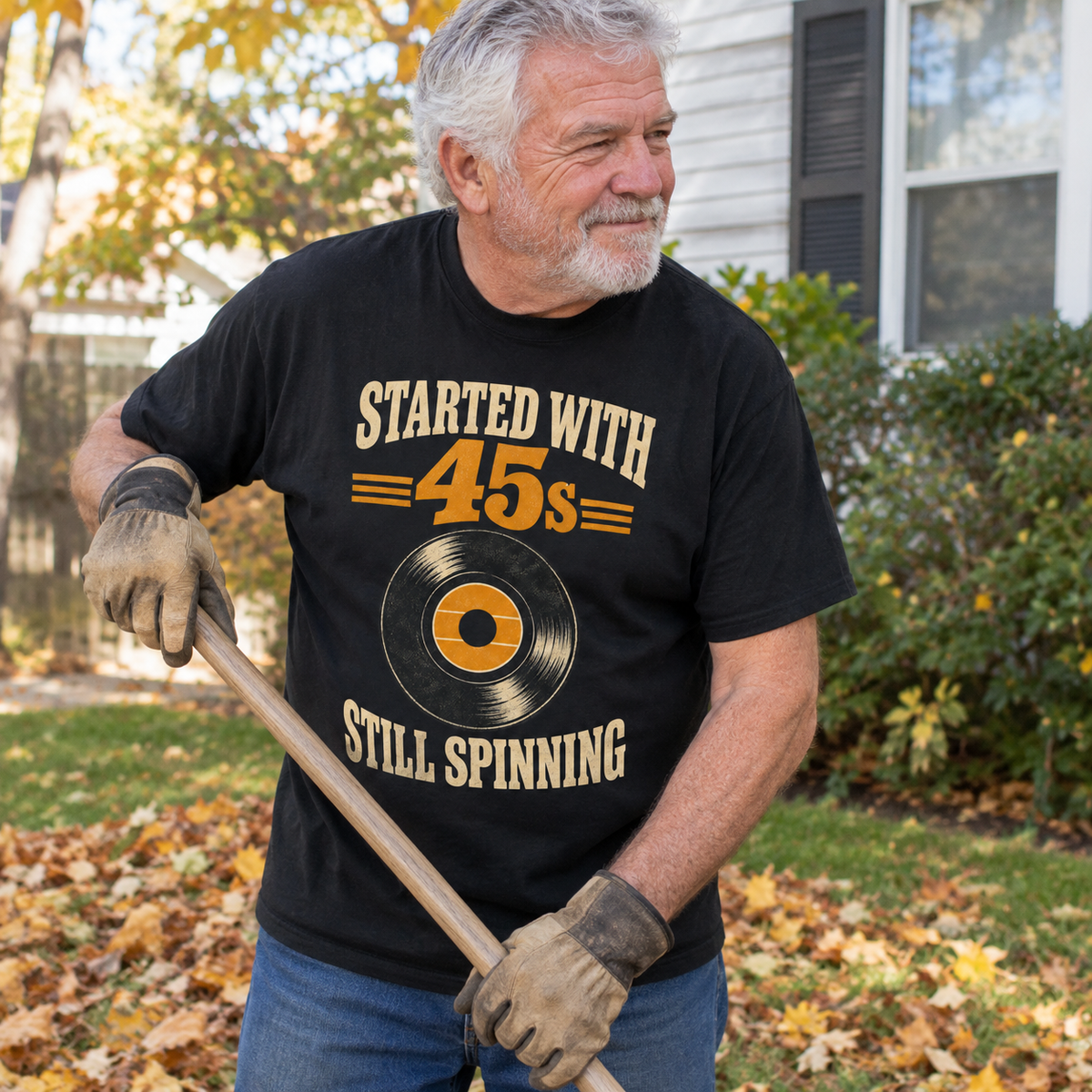 Senior man wearing black vintage t-shirt with printed Started With 45s Still Spinning design