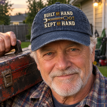 avy vintage washed cap with printed Built By Hand. Kept By Hand slogan on senior man outdoors