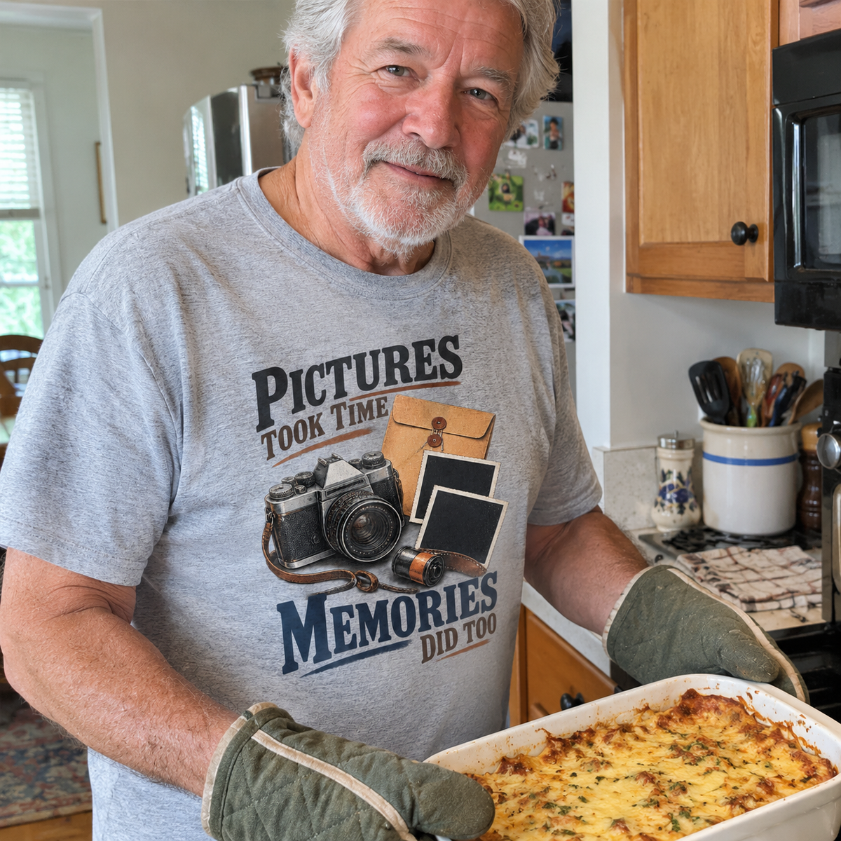 Senior man wearing gray vintage t-shirt with printed Pictures Took Time Memories Did Too design