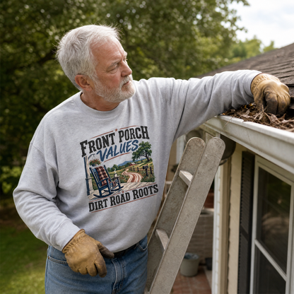 Senior wearing vintage sweatshirt with Front Porch Values. Dirt Road Roots printed design