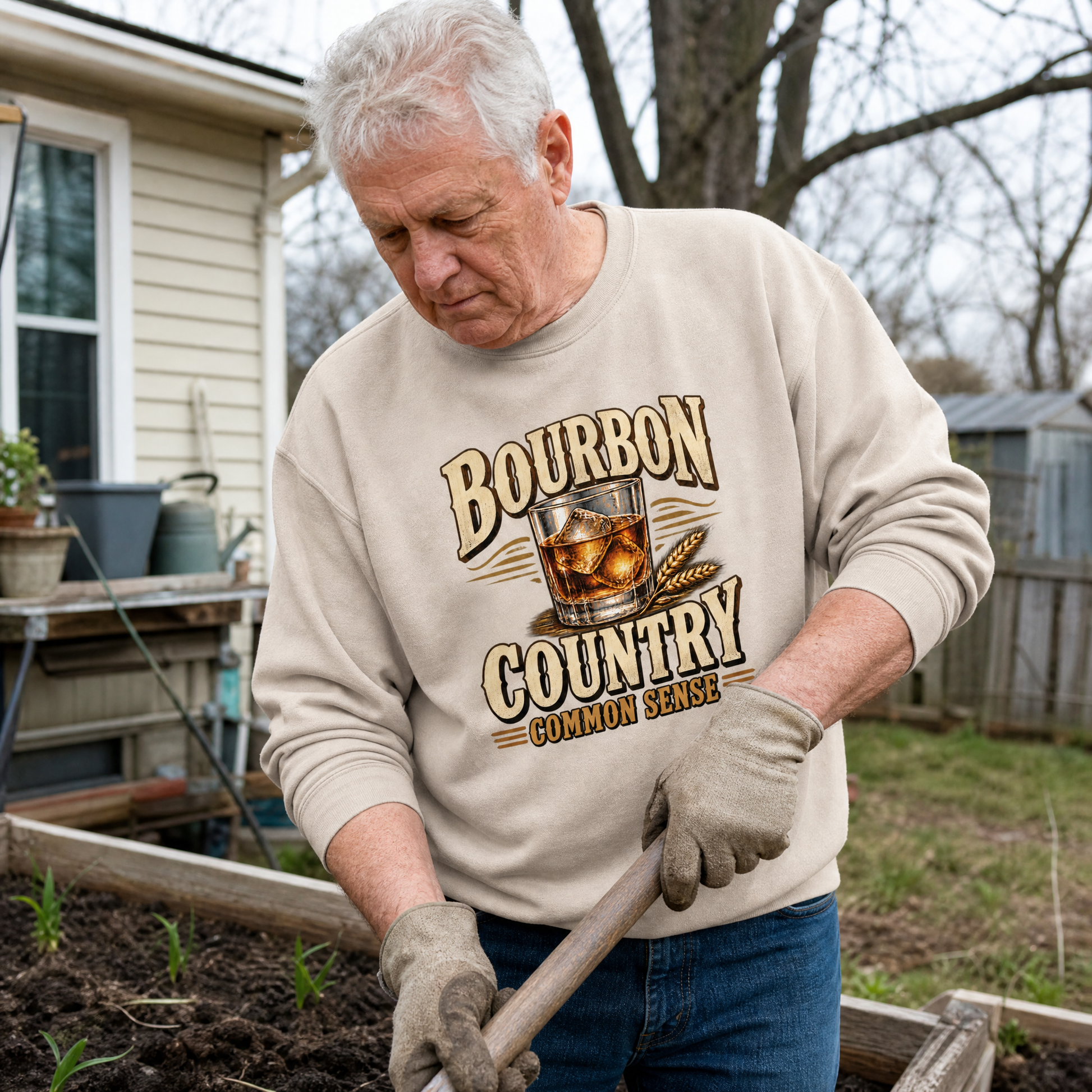 Senior man wears beige vintage sweatshirt with Bourbon Country Common Sense printed design in garden