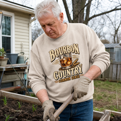Senior man wears beige vintage sweatshirt with Bourbon Country Common Sense printed design in garden