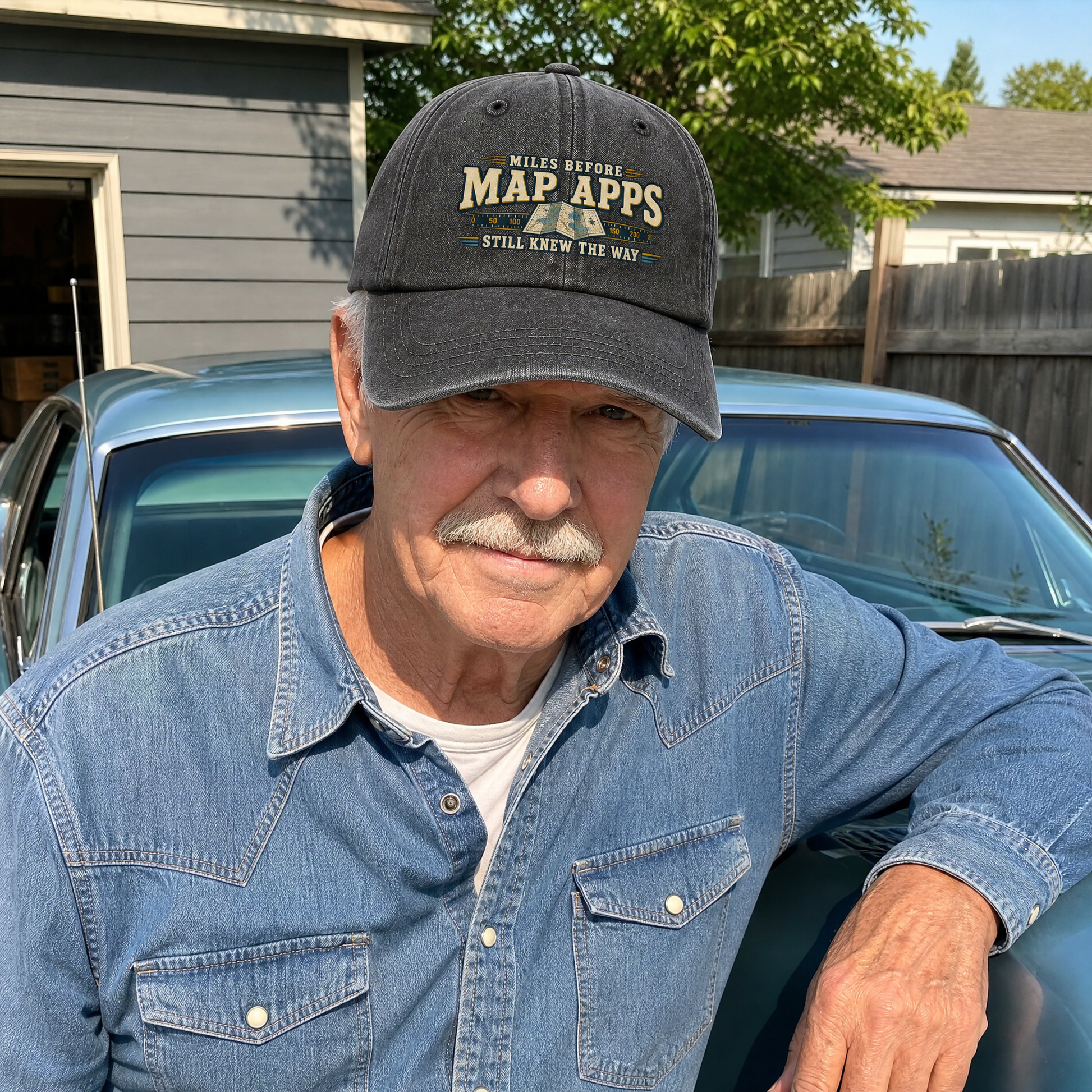 Senior man wearing a black vintage washed cap with printed map app slogan outdoors