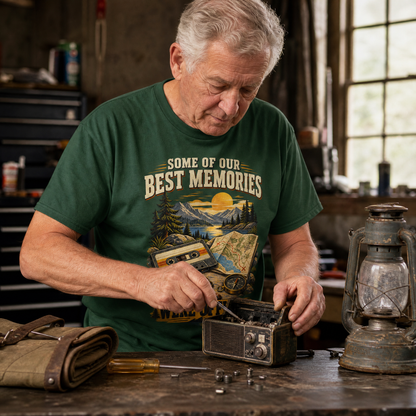 Green vintage t-shirt with printed “Some of Our Best Memories” design, worn by senior man.