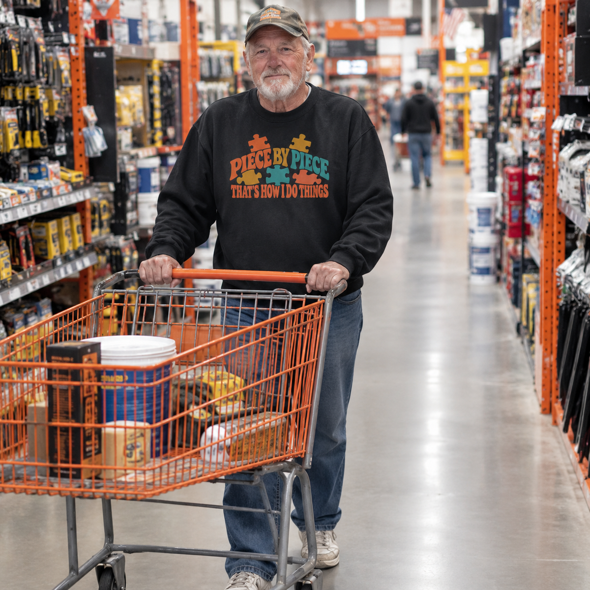 Senior man wearing black vintage sweatshirt with printed puzzle design and slogan, shopping aisle