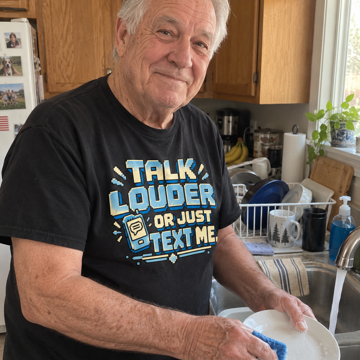 Senior man washing dishes wearing black vintage t-shirt printed Talk Louder Or Just Text Me