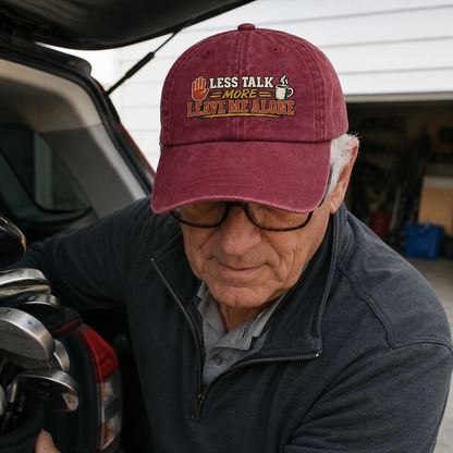Senior man wearing burgundy vintage washed cap with Less Talk More Leave Me Alone print