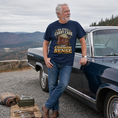 Navy vintage t-shirt printed with cash and common sense slogan, worn by senior man.
