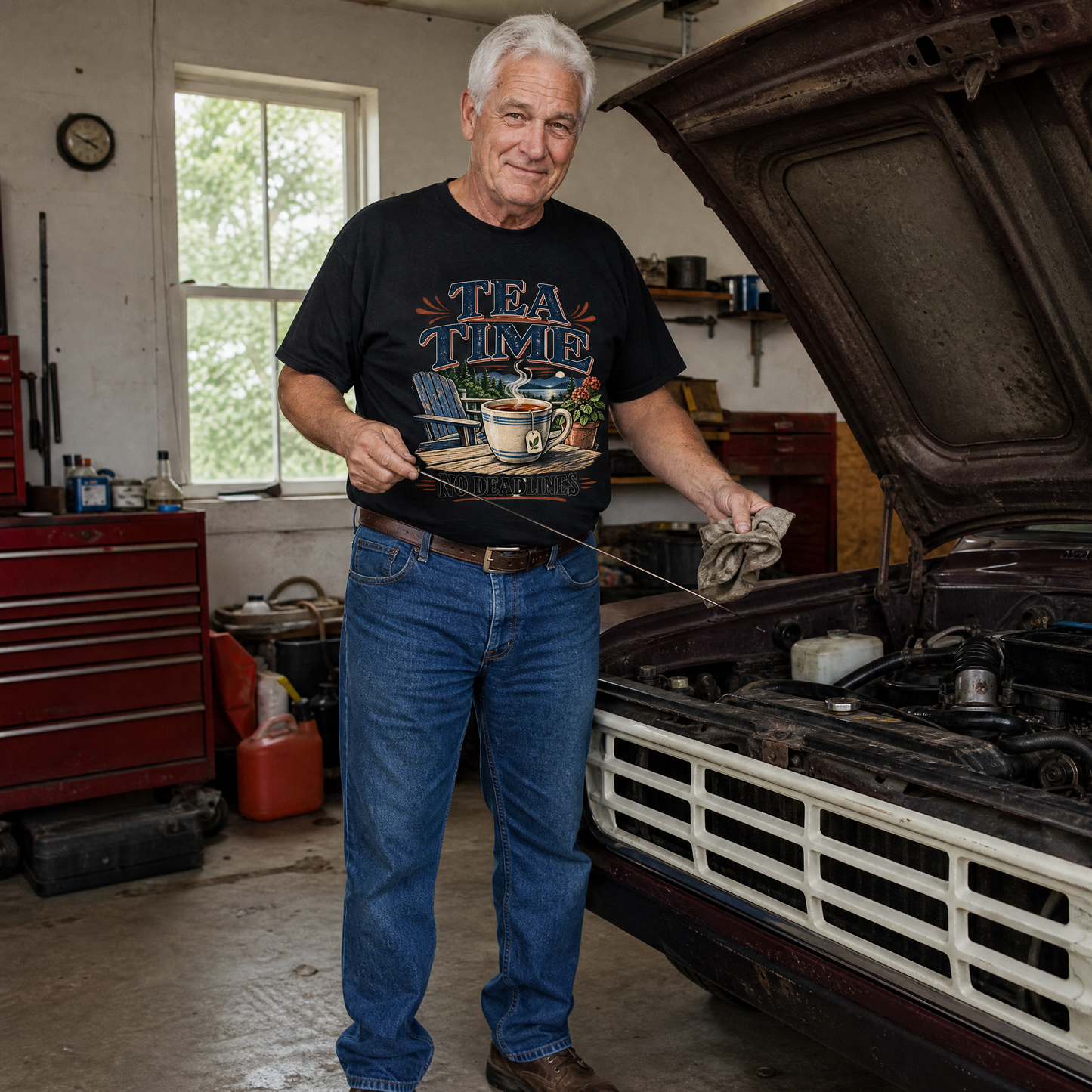 Senior man wearing black vintage t-shirt with printed “Tea Time. No Deadlines” in garage.