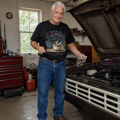 Senior man wearing black vintage t-shirt with printed “Tea Time. No Deadlines” in garage.