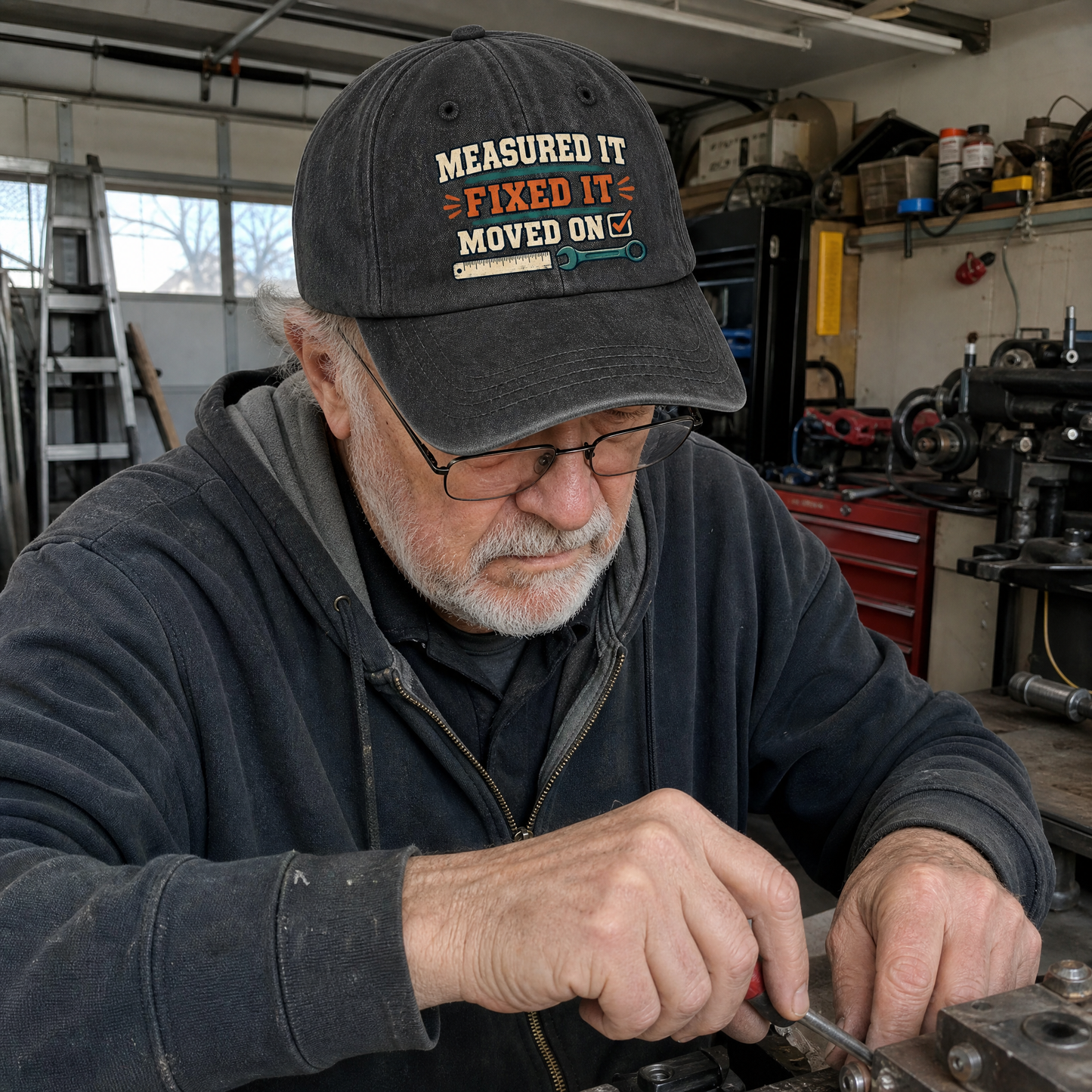 Vintage washed cap with printed “Measured It Fixed It Moved On” slogan worn by senior