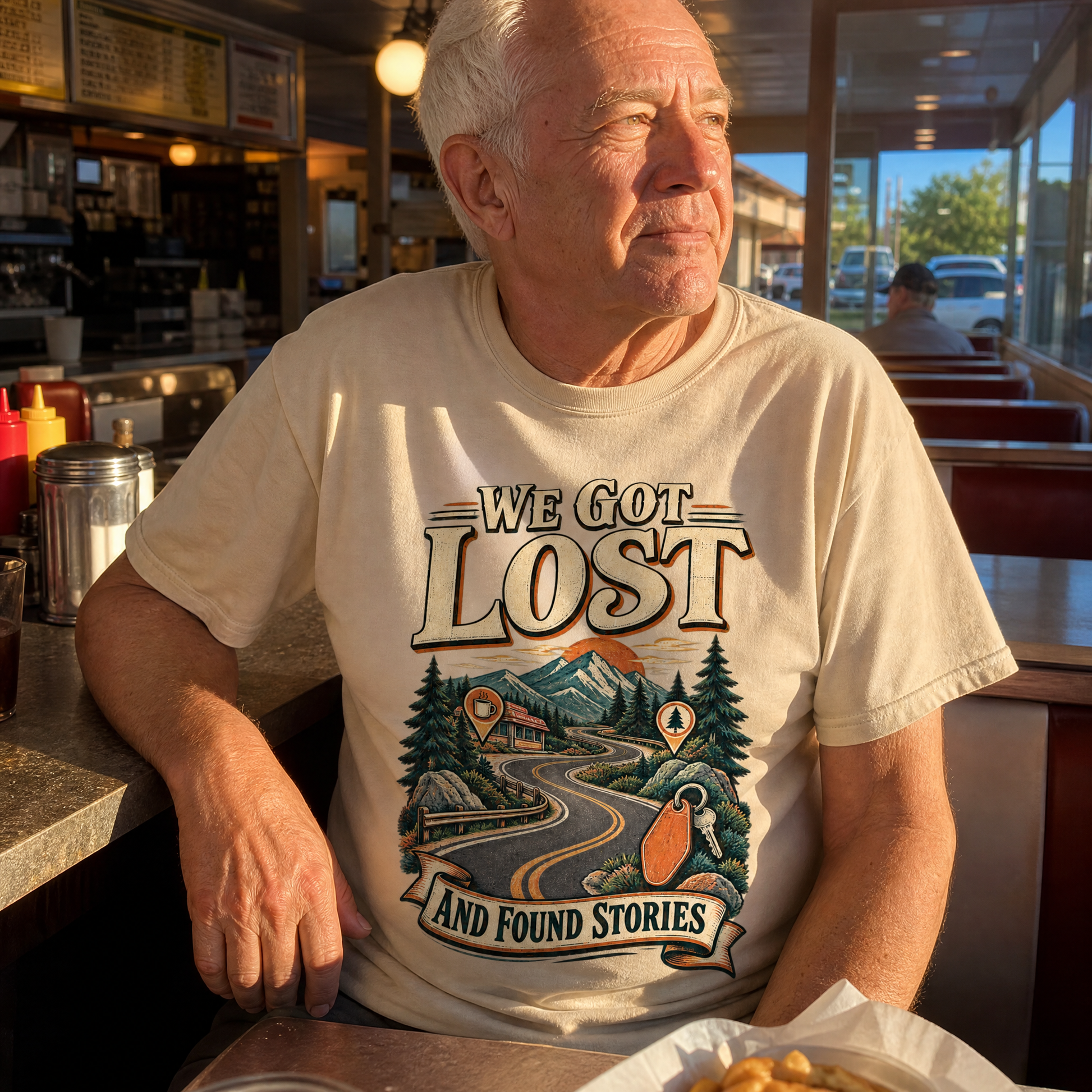 Senior man wearing a beige vintage t-shirt with “We Got Lost And Found Stories” print
