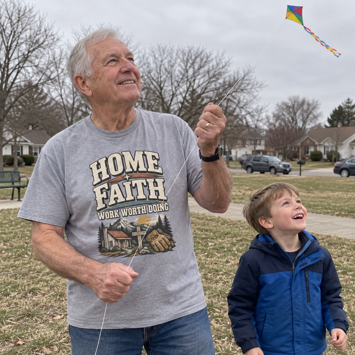 Senior man in gray vintage t-shirt printed Home Faith Work Worth Doing flies kite.