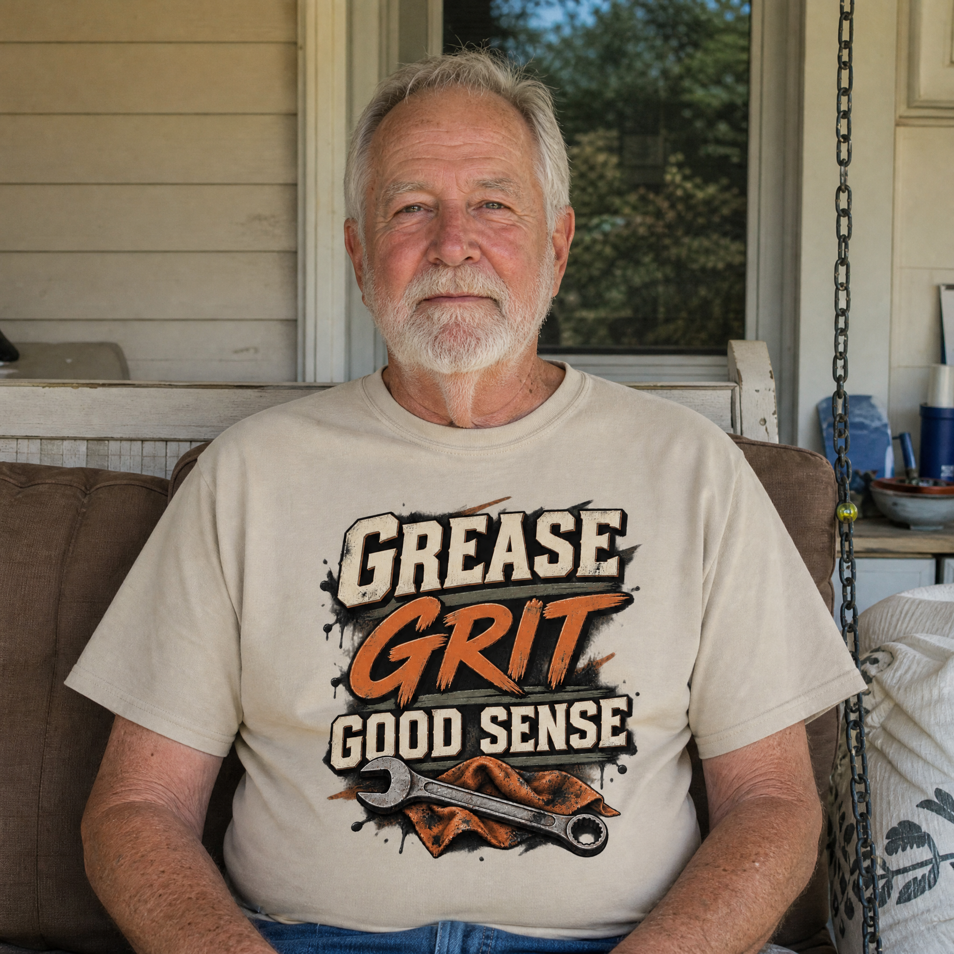 Senior man wearing a beige vintage t-shirt printed with Grease Grit Good Sense slogan