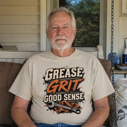 Senior man wearing a beige vintage t-shirt printed with Grease Grit Good Sense slogan