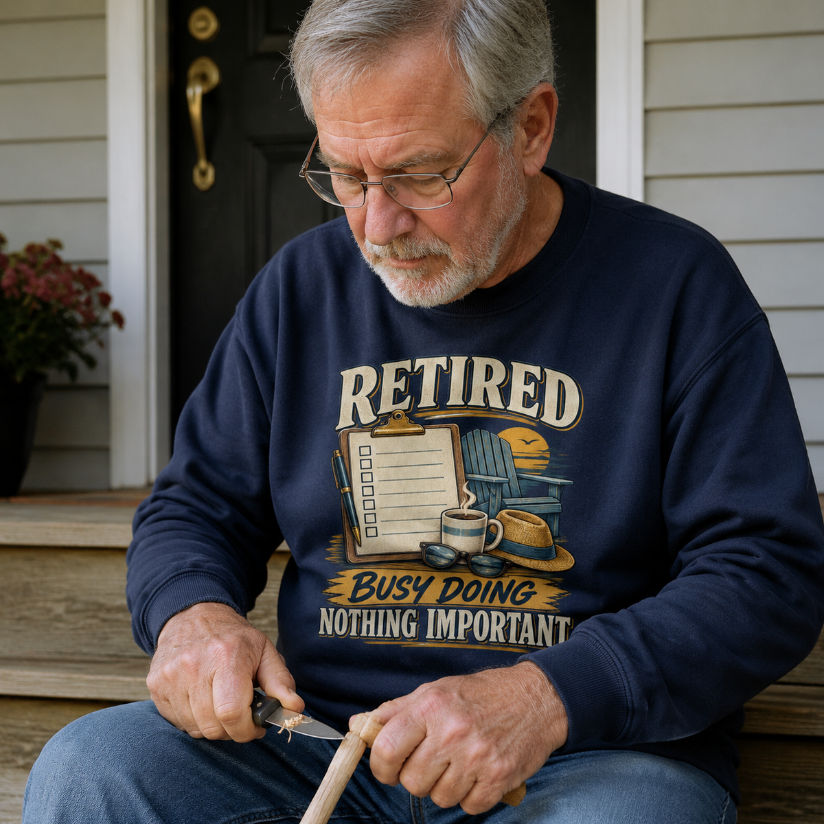 Senior man wearing navy vintage sweatshirt with printed Retired Busy Doing Nothing Important slogan