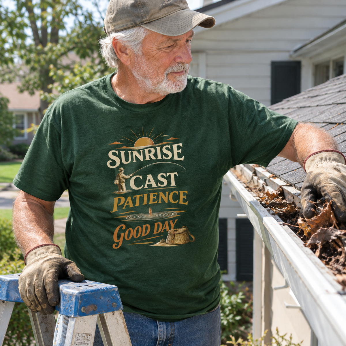 Green vintage t-shirt with printed Sunrise Cast Patience Good Day design, worn by senior man outdoors