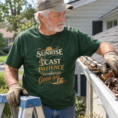 Green vintage t-shirt with printed Sunrise Cast Patience Good Day design, worn by senior man outdoors