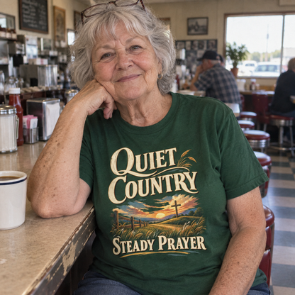 Senior woman wearing green vintage t-shirt with Quiet Country Steady Prayer print in diner