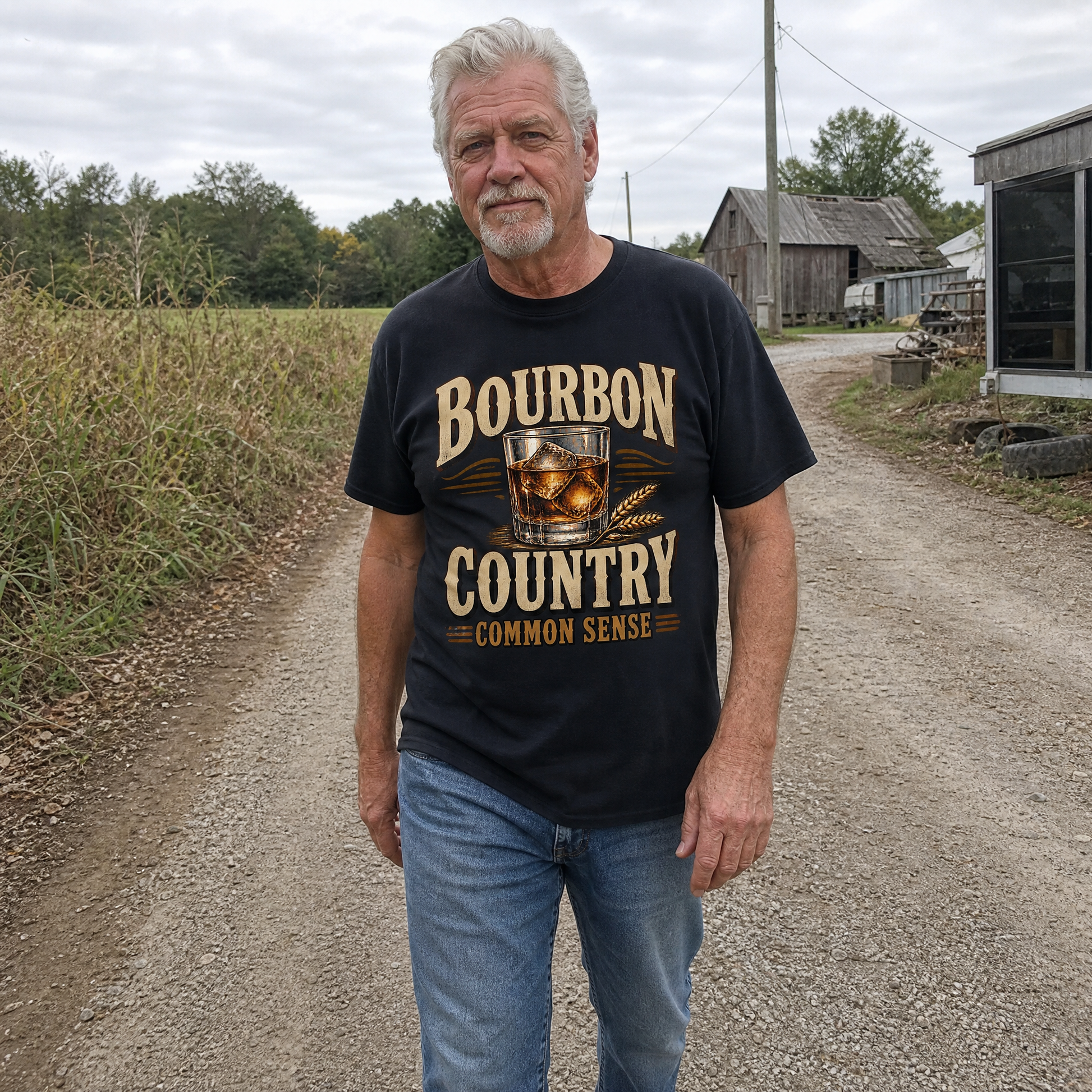Black vintage t-shirt with Bourbon Country Common Sense print worn by senior man outdoors