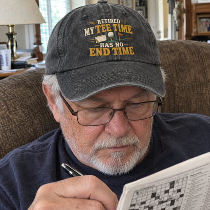 Senior man wearing black vintage washed cap with printed golf retirement slogan, lifestyle view.
