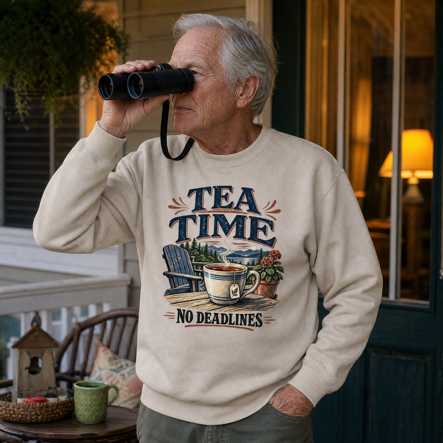 Senior man wearing cream vintage sweatshirt with printed Tea Time. No Deadlines slogan in lifestyle scene