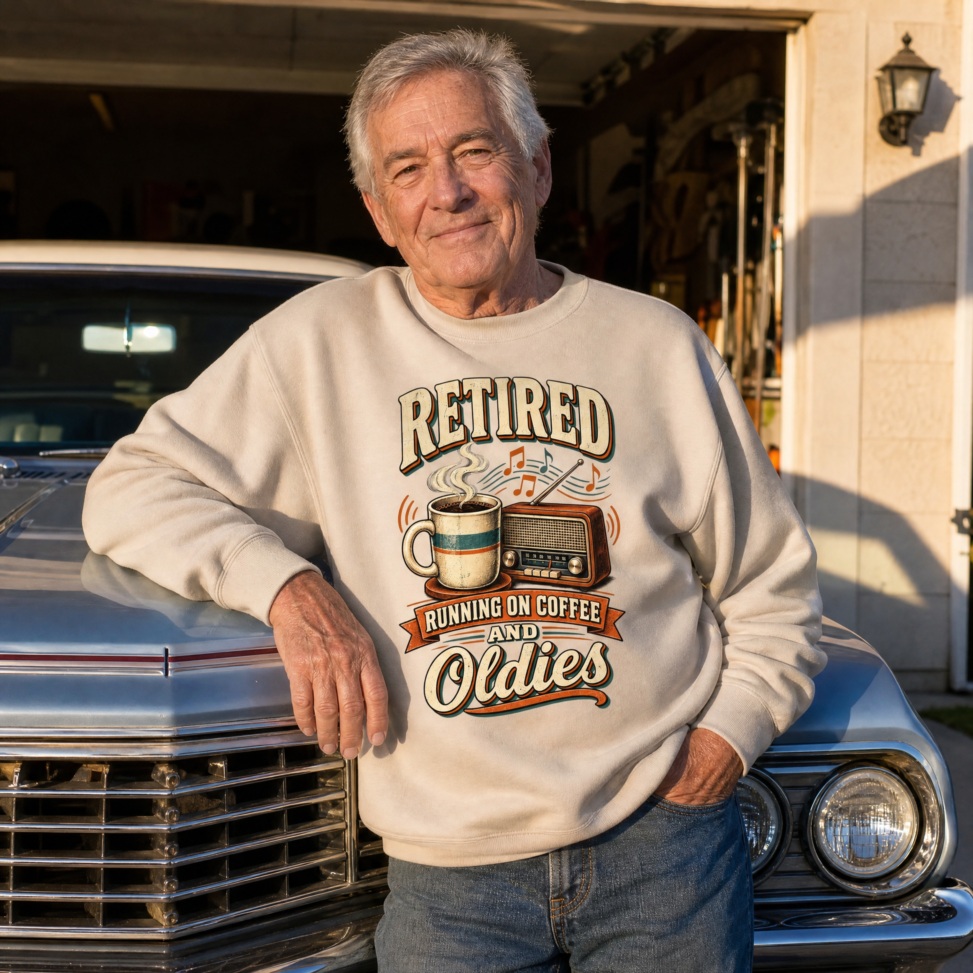 Senior man wearing cream vintage sweatshirt with printed coffee and oldies design outdoors