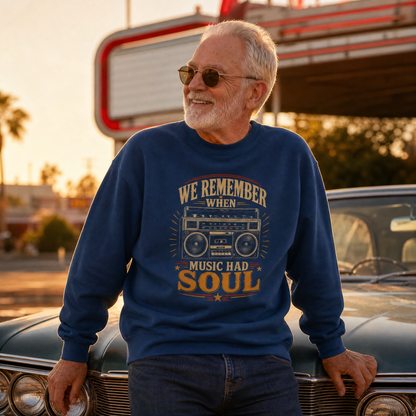 Navy vintage sweatshirt with printed “Music Had Soul” design, worn by senior man outdoors.