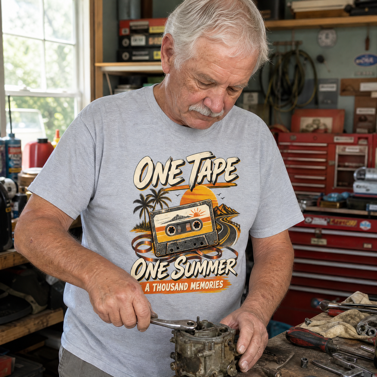 Gray vintage t-shirt with printed One Tape One Summer slogan, worn by senior man