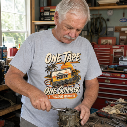 Gray vintage t-shirt with printed One Tape One Summer slogan, worn by senior man