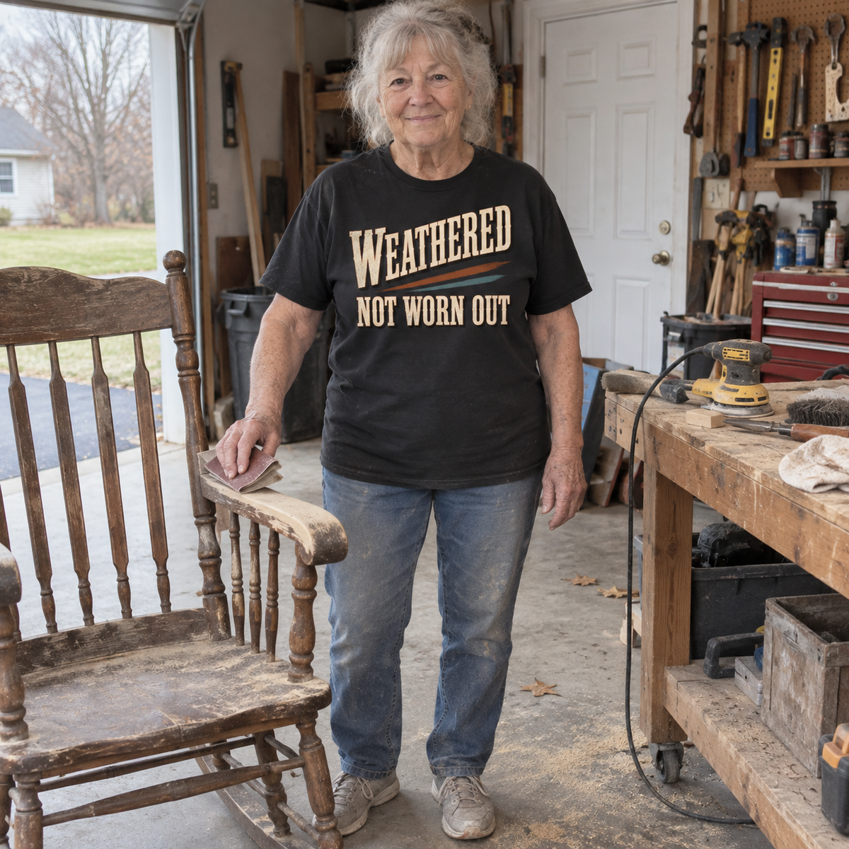 Senior woman wearing black vintage t-shirt with Weathered Not Worn Out print in workshop
