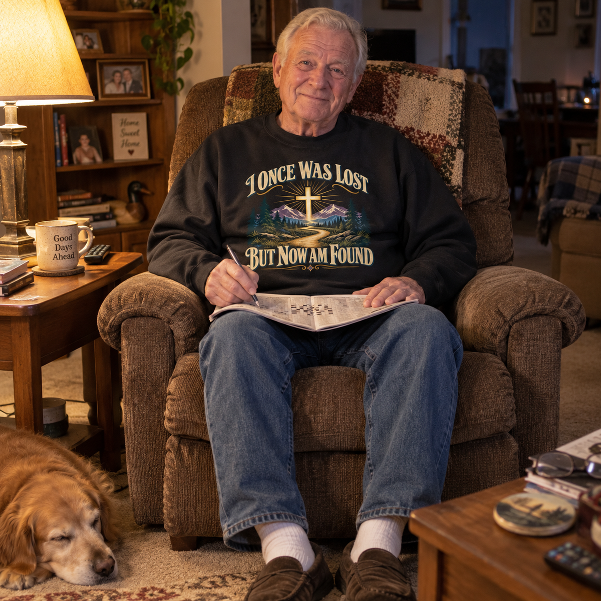 Senior man seated in armchair wearing black vintage sweatshirt with printed cross and slogan