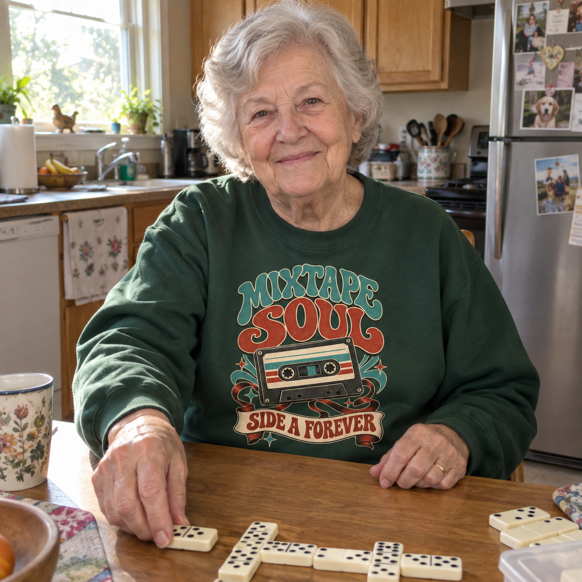 Senior woman plays dominoes wearing green vintage sweatshirt printed Mixtape Soul Side A Forever.