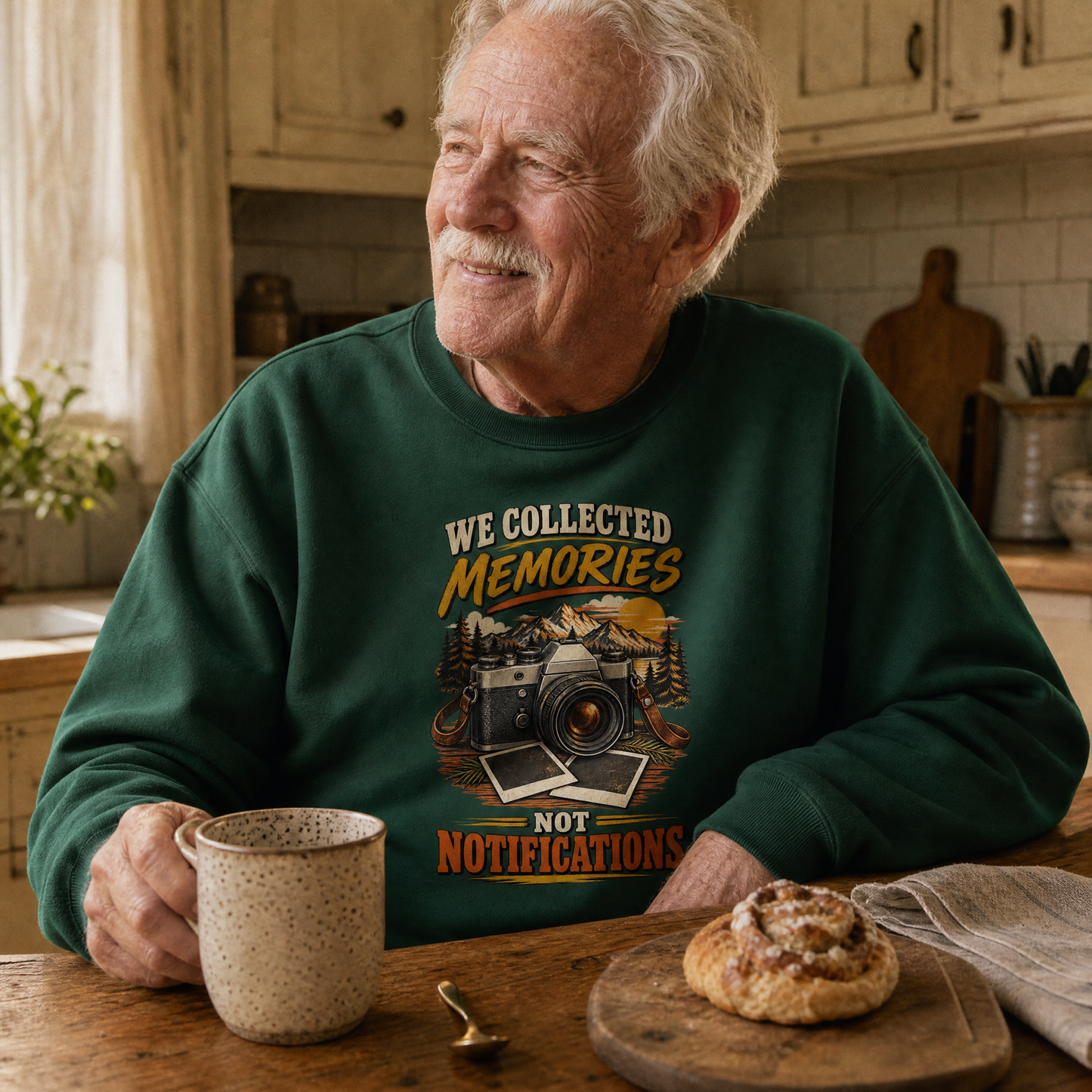 Senior man wearing green vintage sweatshirt with printed We Collected Memories Not Notifications design.