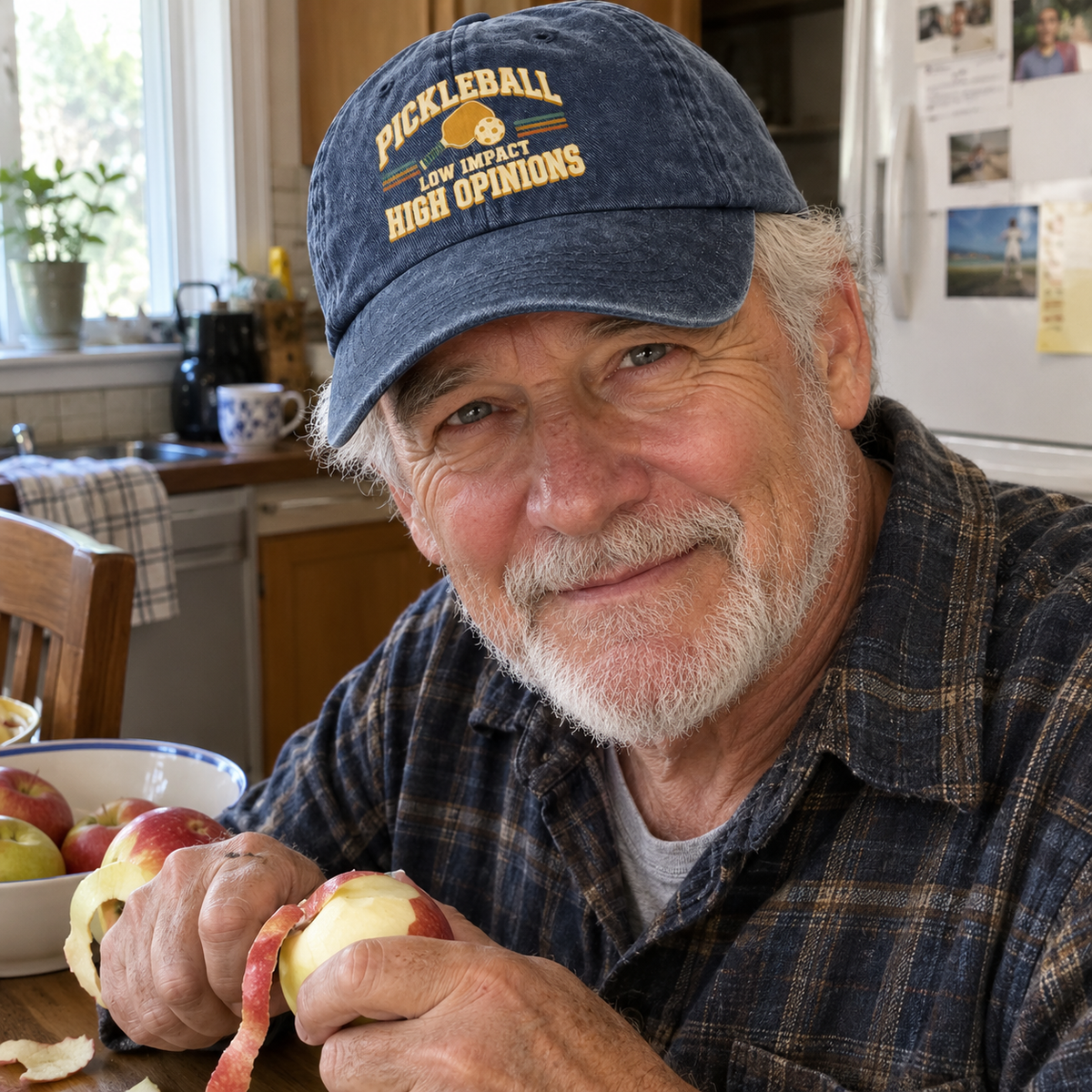 Senior man wearing navy vintage washed cap with printed pickleball slogan in kitchen
