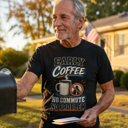 Senior man wearing black vintage t-shirt with printed Early Coffee No Commute No Problem design outdoors